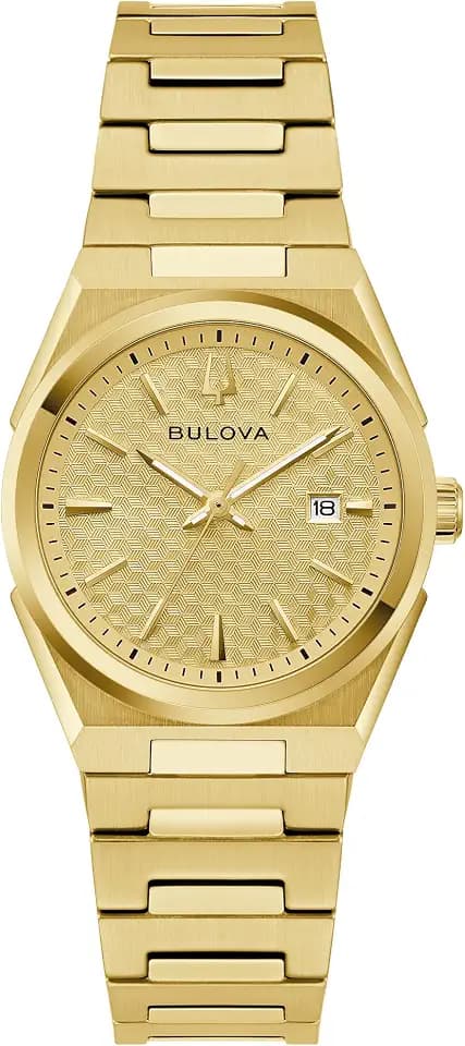 Bulova Ladies Dress Classic 3-Hand Calendar Date Quartz Watch, Stainless Steel Bracelet, Patterned Dial, 28mm