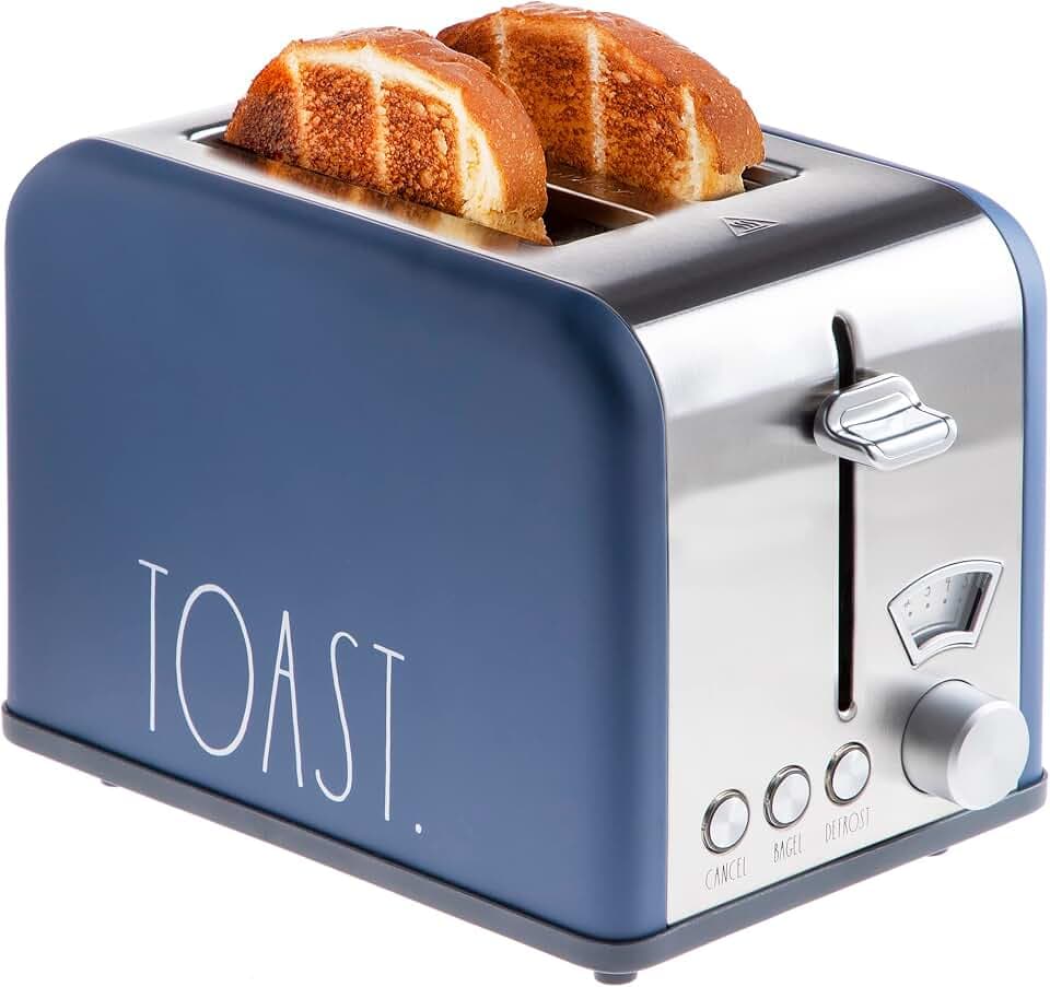 Rae Dunn Toaster, Stainless Steel 2 Slice Square Toaster, Wide Slot with 5 Browning Levels, with Bagel, Defrost and Cancel Options (Navy)