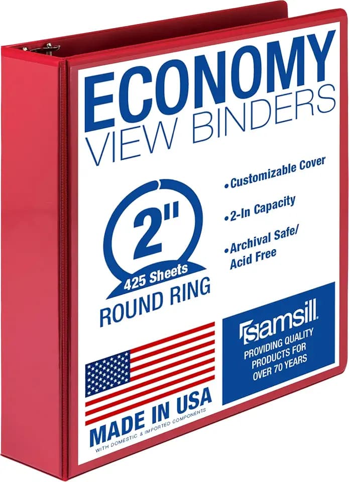 Samsill 2 Inch 3 Ring Binder, Made in USA, Economy Round Ring, Clear View Cover, 425 Sheet Capacity - for School, Home, Office - Red