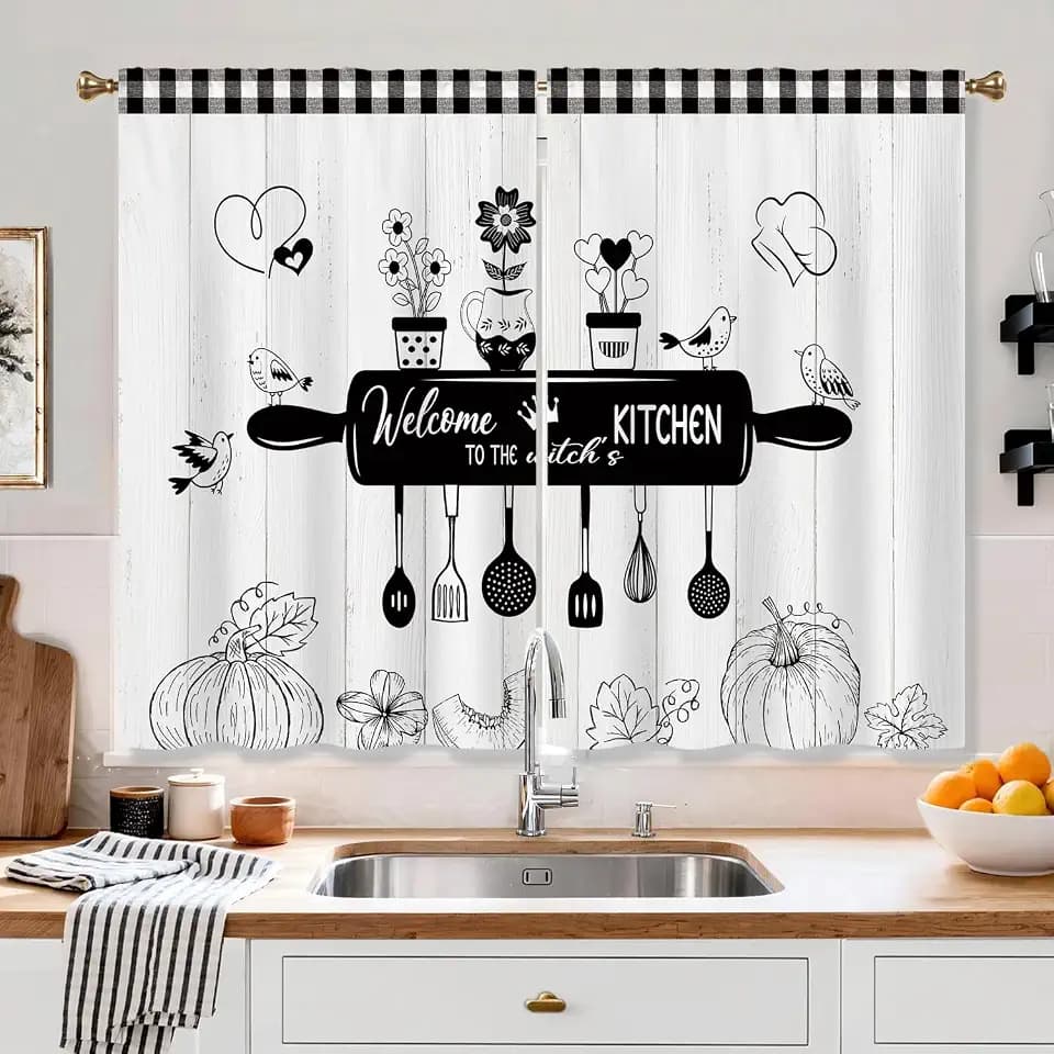 Farmhouse Rustic Kitchen Curtains,Vintage Fork Spoon Cooking Theme Retro Small Short Cafe Window Curtains Barn Country Wooden Wood Plank Window Drapes 2 Panels