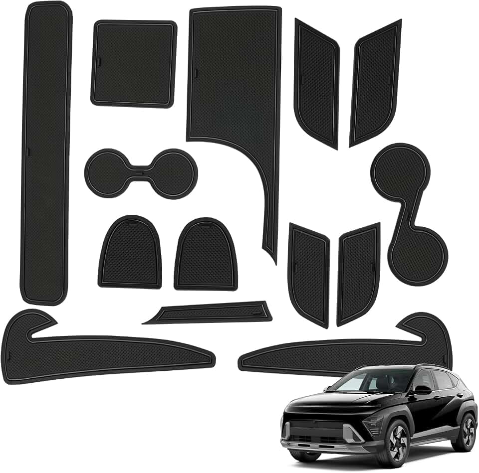 Auto Antirutschmatten für Hyundai Kona SX2 (2024-2026) | Originalgetreue Gummi Matte für Mittelkonsole, Getränkehalter & Türmulden | Passend für Kona SX2 Manuelle & Automatik Version (Schwarz)