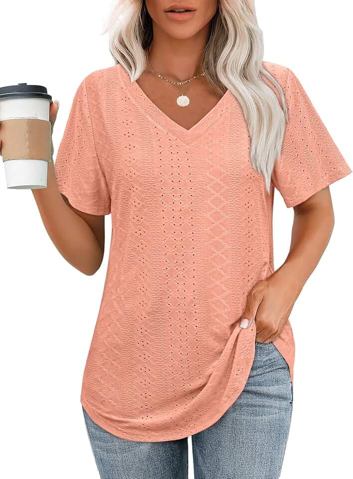 OFEEFAN Womens T Shirts V Neck Short Sleeve Casual Tops Loose Fit Basic Tees with Curved Hem