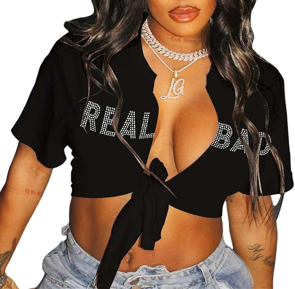 Zoyami Womens Sexy Tie Front Crop Top Short Sleeve Graphic Tee Shirt Clubwear