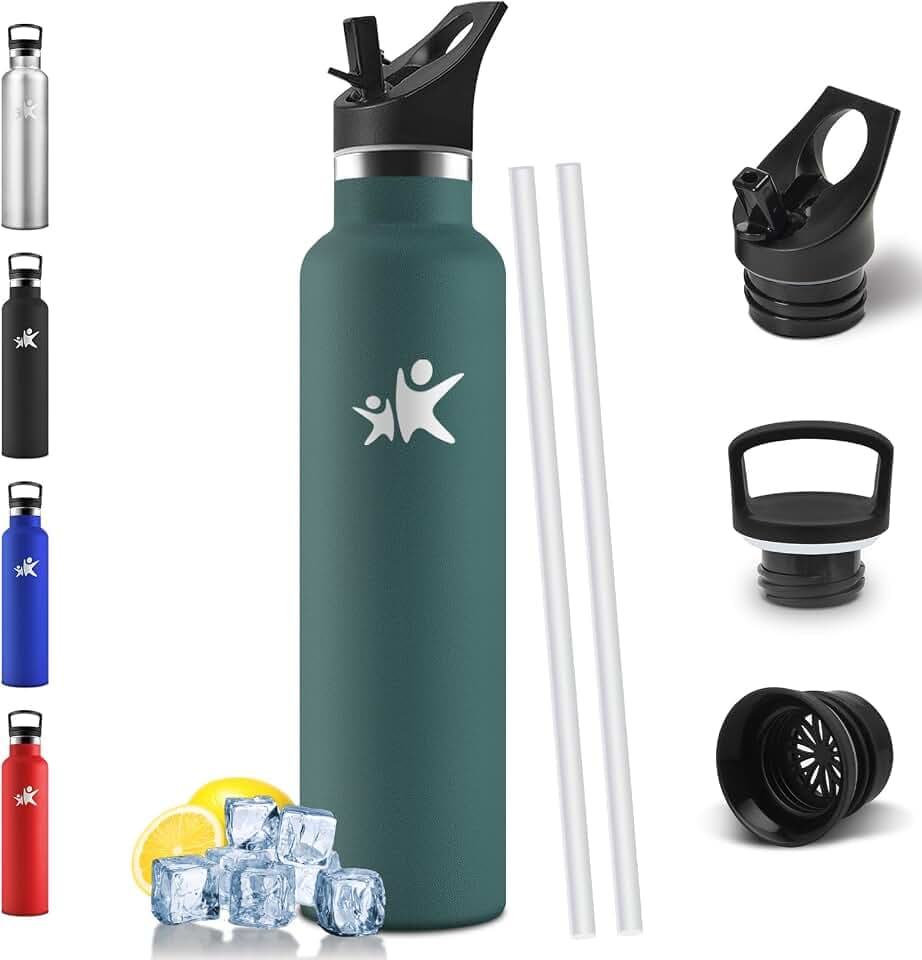 Trinkflasche Edelstahl 1L, BPA-Frei, Wasserflasche Edelstahl, Auslaufsichere Isolierflasche Doppelwandig, Isolierflasche, Thermobecher mit Strohhalm, Flasche Kohlensäure Geeignet- Armeegrün