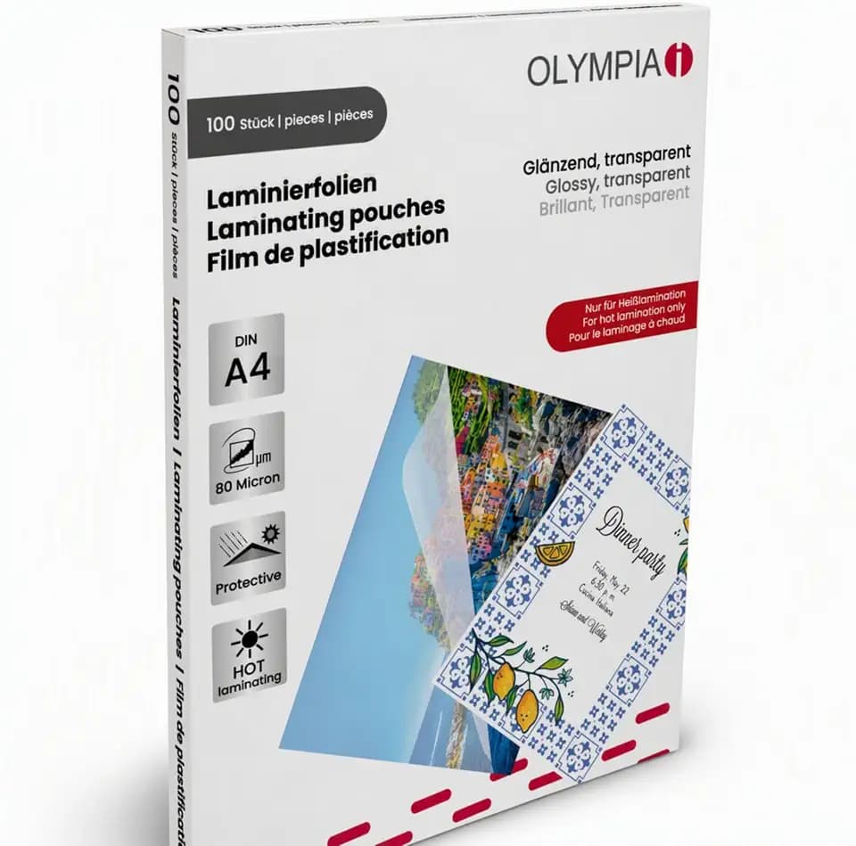 Olympia Laminierfolien DIN A4 100 Stück 80 Mic Klar Glänzend Reißfest