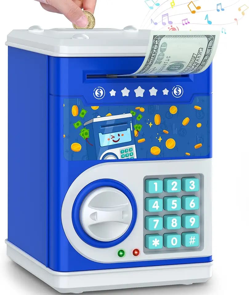 Dark Blue Piggy Bank for Kids with Password Code Lock and Auto Grab Bill Slot, PhilaeEC Real Money Cash Coin Can Saving Box Electronic Money Safe Bank, Hot Gift for 4 7 8 9 10 11 Year Old Boys Girls