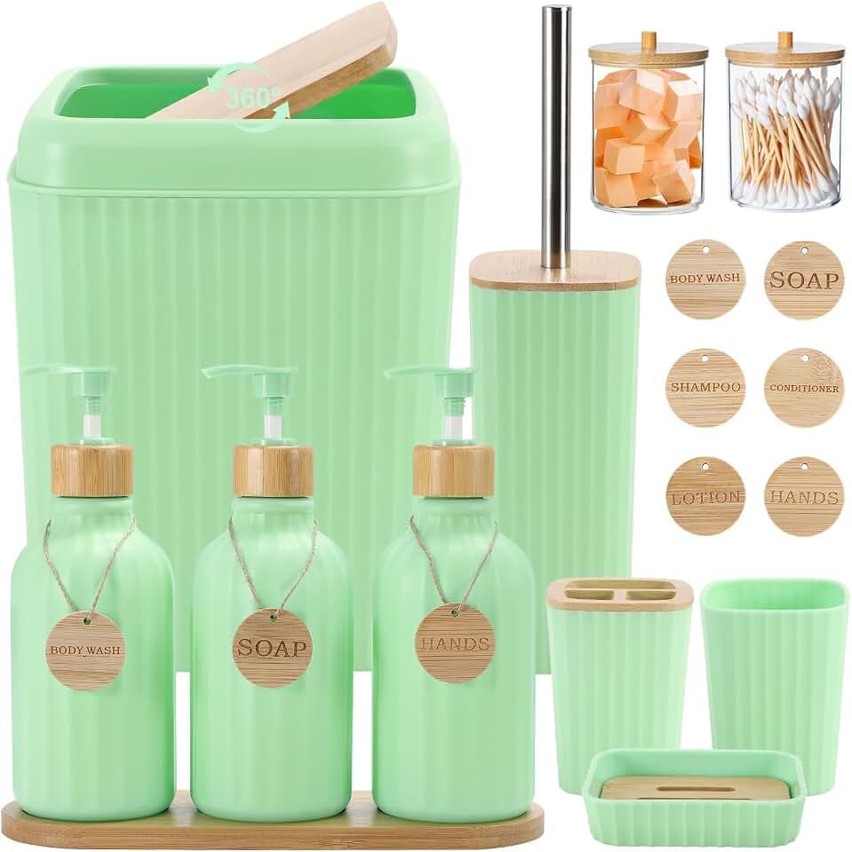 XLHOMO Green Bathroom Accessories Set 17PCS Bathroom Set with Trash Can 3PCS Lotion Soap Dispenser, Toothbrush Holder, 6PCS Wood Tags Bath Accessories with Tray for Kitchen Bathroom