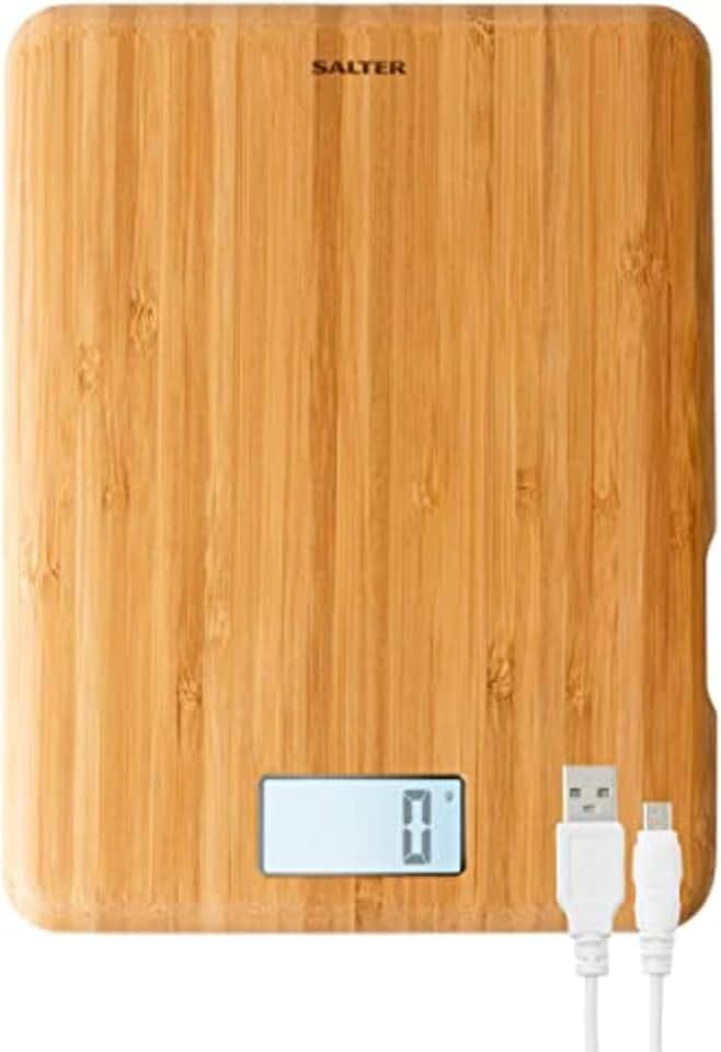 Salter 1094 WDDR Digitale Küchenwaage - Eco Bambus Waage, wiederaufladbare elektrische digitalwaage, Haushaltswaage mit Tara-Funktion, USB-Kabelladegerät im Lieferumfang enthalten, LCD-Anzeige Max 5kg