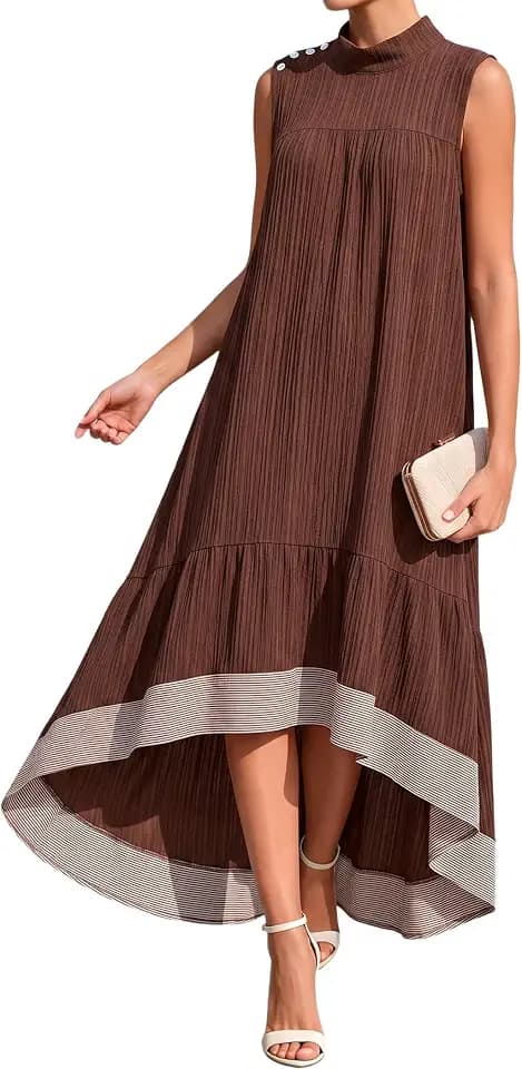 Women's Summer 2026 Casual Dress A Line Sleeveless Mock Neck High Low Hem Flowy Midi Dress with Pockets