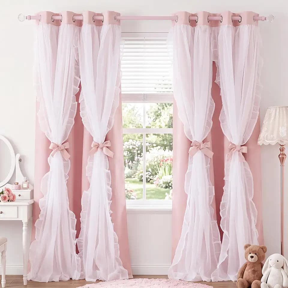 PONY DANCE Pink Blackout Curtains for Nursery, Double Layer Bow Curtains with Ruffle Sheer Overlay for Girls Bedroom, Shabby Chic Kids Toddler Room Decor Drapes Coquette Style, 52x90 inch, 2 Panels