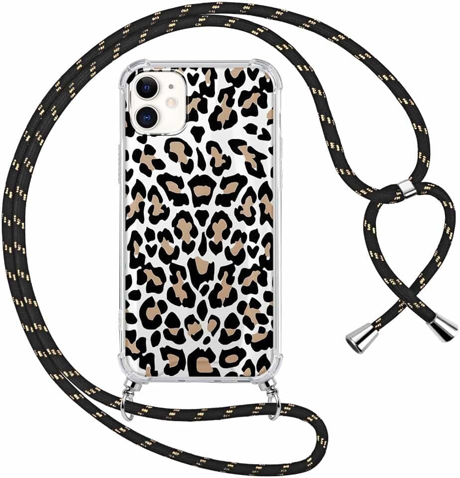 ZhuoFan Handyband für iPhone 11 Hülle mit Band 6,1", Aesthetic Muster Design Leopard Schutzhülle PC Transparent Necklace Handyhülle für zum Umhängen Verstellbare Ultra Stoßfest, 16
