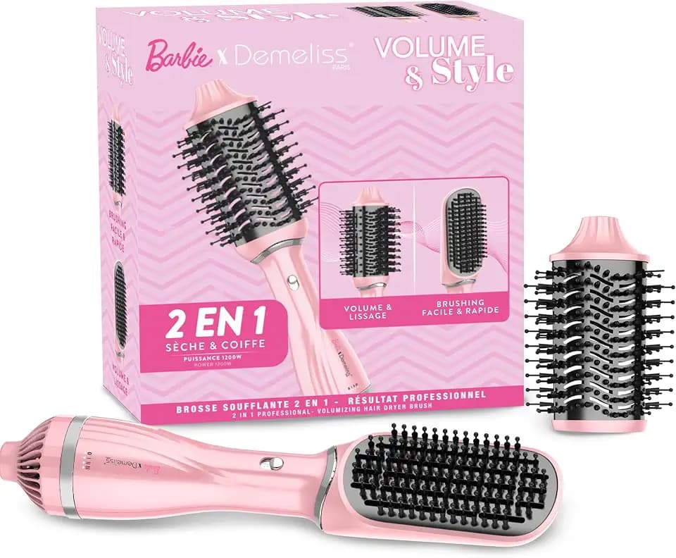 Demeliss Volume & Style – 2-in-1-Haarbürste – Kollektion Barbie – trocknet & frisiert, für alle Haartypen – 2 austauschbare Köpfe – Keramik- & Turmalin-Beschichtung – 3 Temperaturen