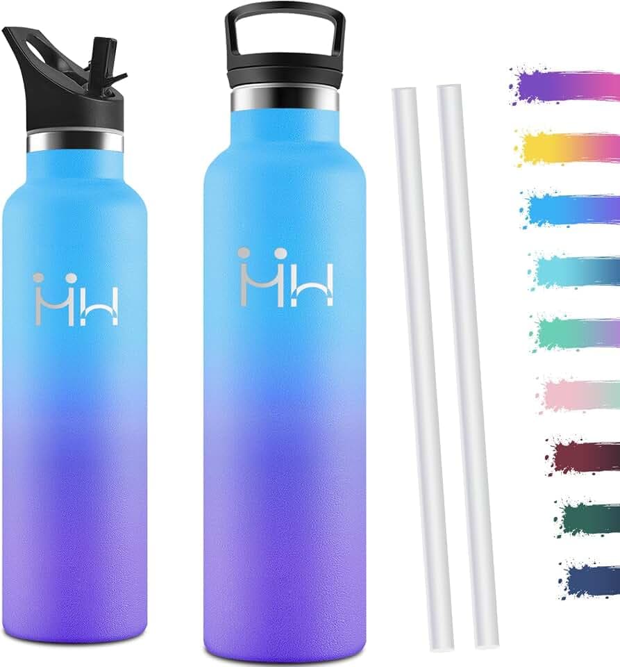 Motswedi Thermosflasche 1l, mit Strohhalm, Trinkflasche Edelstahl, Auslaufsicher, Trinkflasche 1l, mit 2 Deckeln, Wasserflasche, Isolierflasche für Travel, Sprudel, Outdoor, Himmelblau & Violett