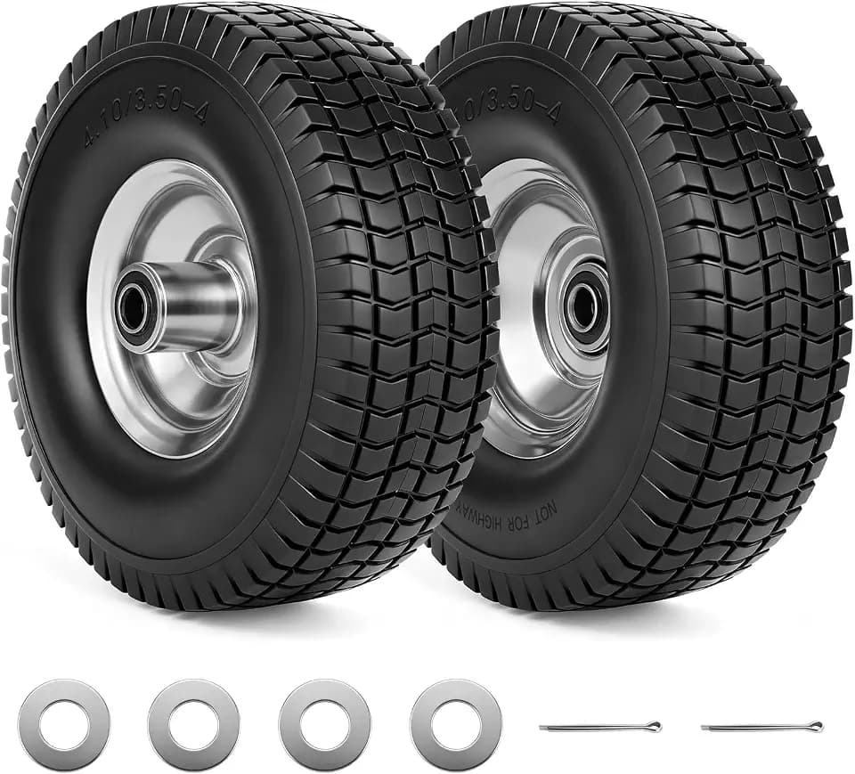RRQ 4.10/3.50-4 Flat Free Tire and Wheel, 10" Heavy Duty Solid Tire, 2 Pack