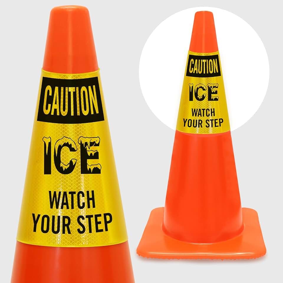 SmartSign “Caution - Ice, Watch Your Step” Cone Message Collar/Sleeve, Prismatic Reflective Vinyl, 3-Side Printing, Black and Yellow (Cone Not Included), Made in USA
