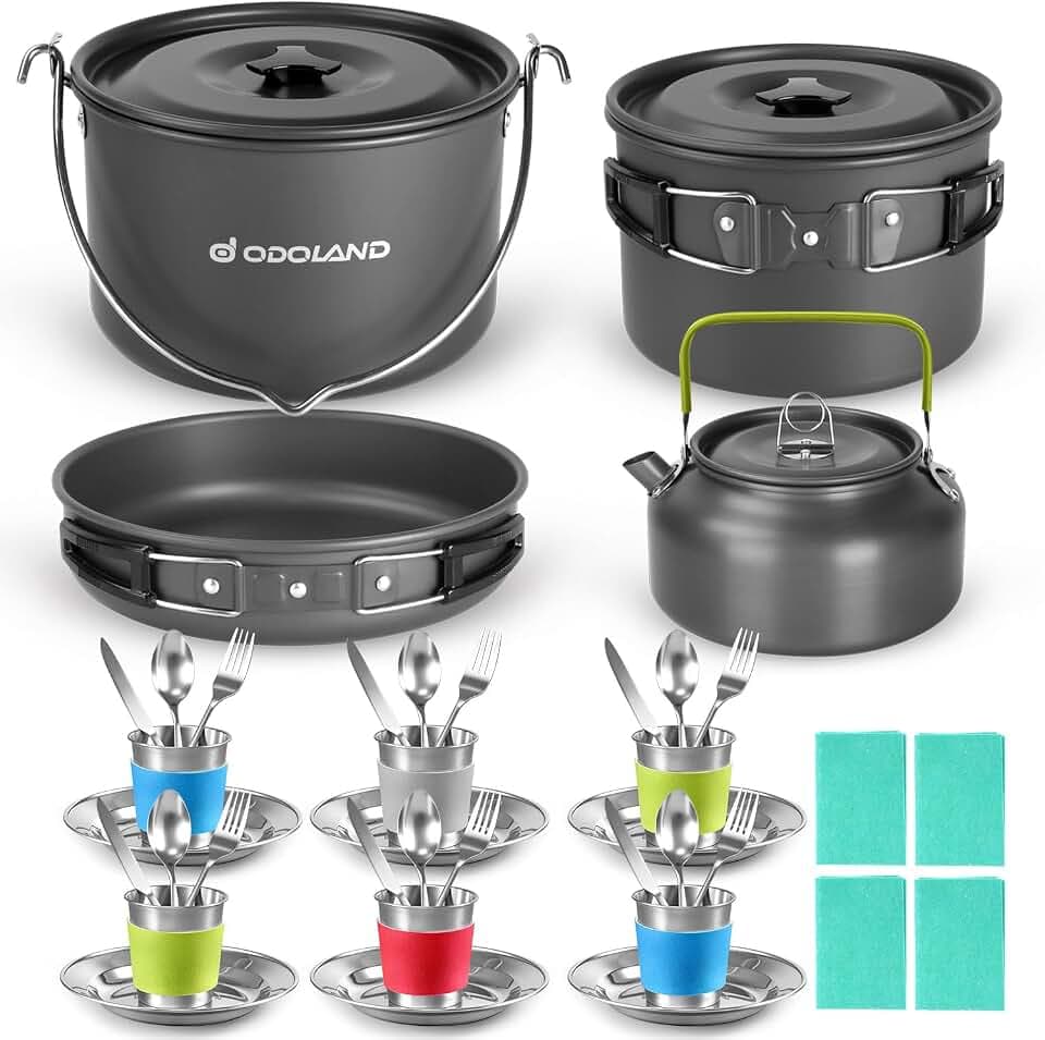 Odoland Camping Geschirr Set, Kochgeschirr für Outdoor Kochen für Camping, Rucksacktourismus, Kochen im Freien und Picknick