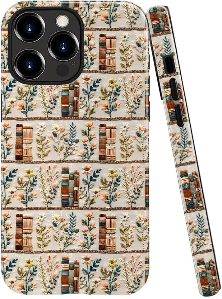 Compatible with iPhone 15 Pro Max,Anti-Scratch Glossy Case Cover,Embroidery Book Flowers Bookshelf