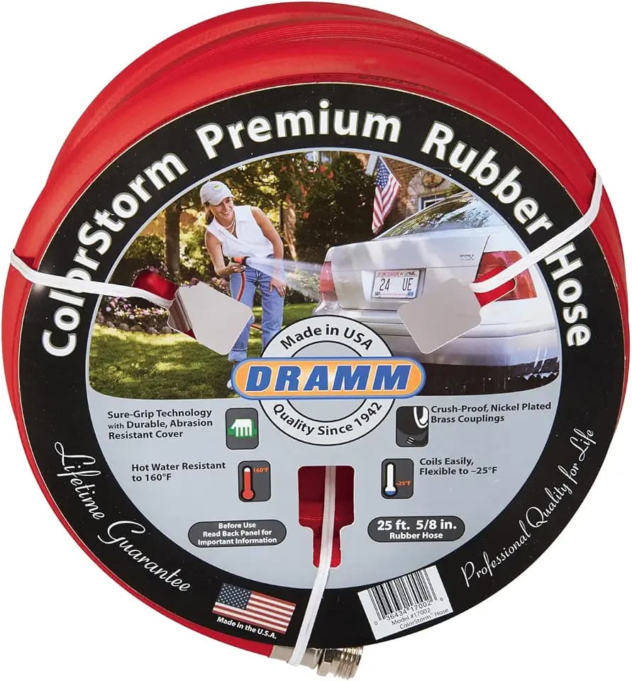Dramm ColorStorm Premium Rubber Garden Hose – 50 ft Heavy Duty 5/8" Water Hose – Kink Resistant, Crush-Proof Nickel-Plated Couplings – Made in USA - Red