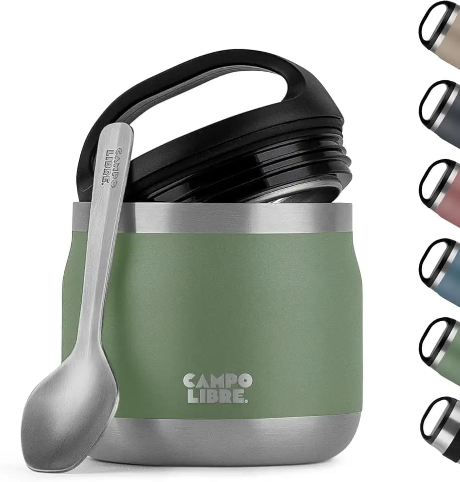 Campo Libre.® Lotta, Thermobehälter für Essen, Edelstahl Thermobecher Essen mit Löffel, Warmhaltebehälter Essen, Mueslicup oder Babybrei Warmhaltebox, Thermo-Essensbehälter, Green, 400ml