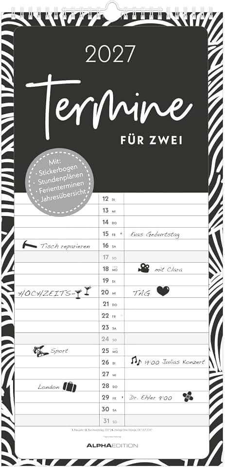 Termine für 2 Black and White 2027: Familienplaner 22x45 cm mit 2 Spalten, Stickerbogen, Schulferien & Jahresübersicht, ideal für Paare