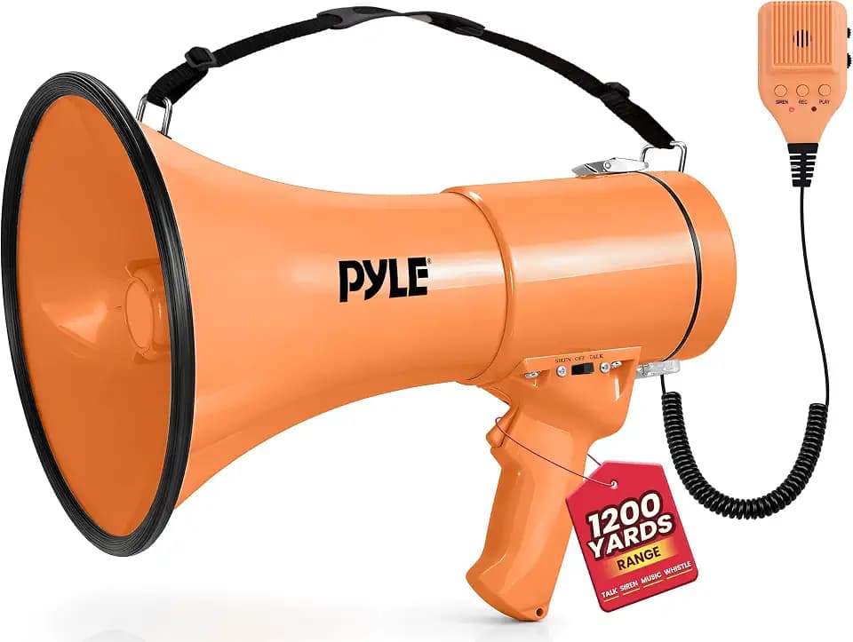 Pyle 50W Megaphone Bullhorn - Portable, Automatic Siren & Adjustable Volume, Projection Range Up to 1200 Square Yards, Aux Input, Talk, Siren, Music, Whistle, & Record, Shoulder Strap