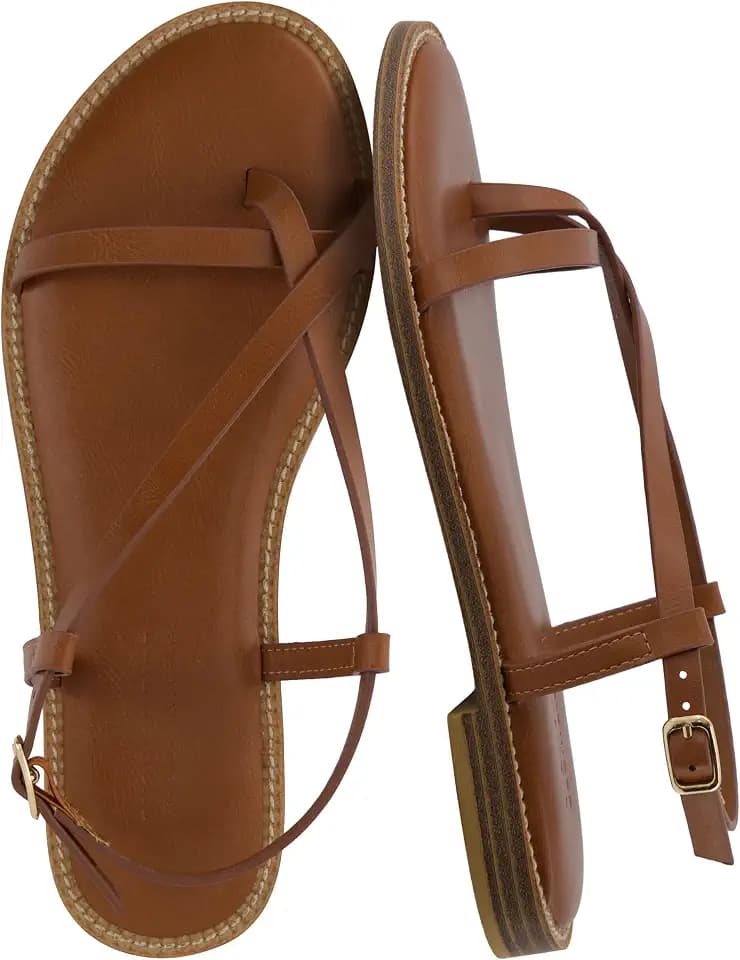 CUSHIONAIRE Luxor Sandals for Women, Strappy Flat Thong Womens Sandals with Adjustable Ankle Strap and Memory Foam