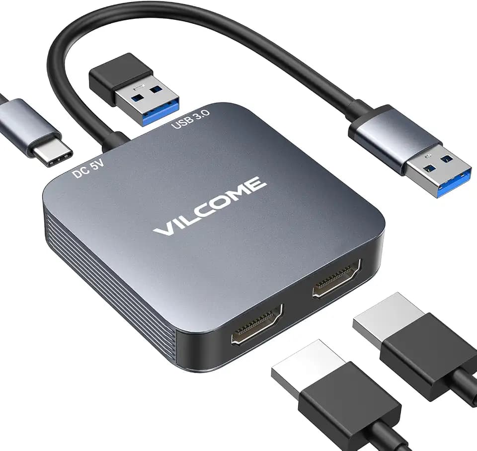 vilcome USB to HDMI Adapter, USB 3.0 to Dual HDMI Adapter, Audio Video Graphics Converter Cable for Laptop Monitor Desktop TV, Compatible with Mac OS, Windows