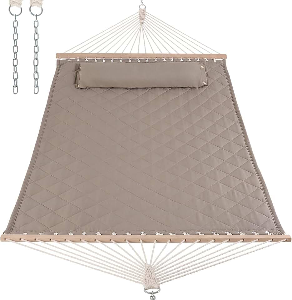 ANOW Double Hammock with Spreader Bars and Detachable Pillow, Light Brown