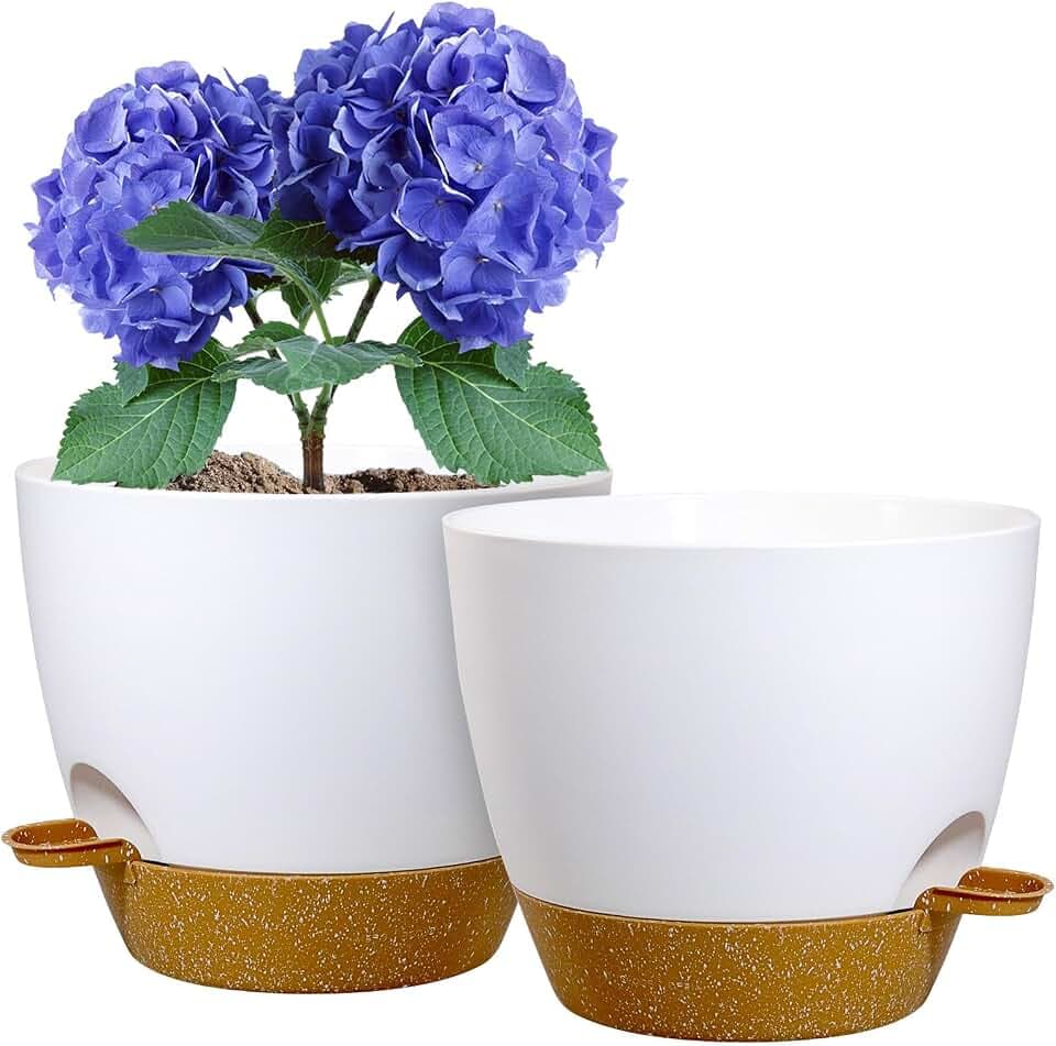 WSMKSZ 8 inch Self Watering Pots, 2 Pack Plastic Planters with Mesh Drainage Holes for Garden Plants and Flower, Plants Pots with Deep Reservoir for Indoor Outdoor Plants, White with Brown