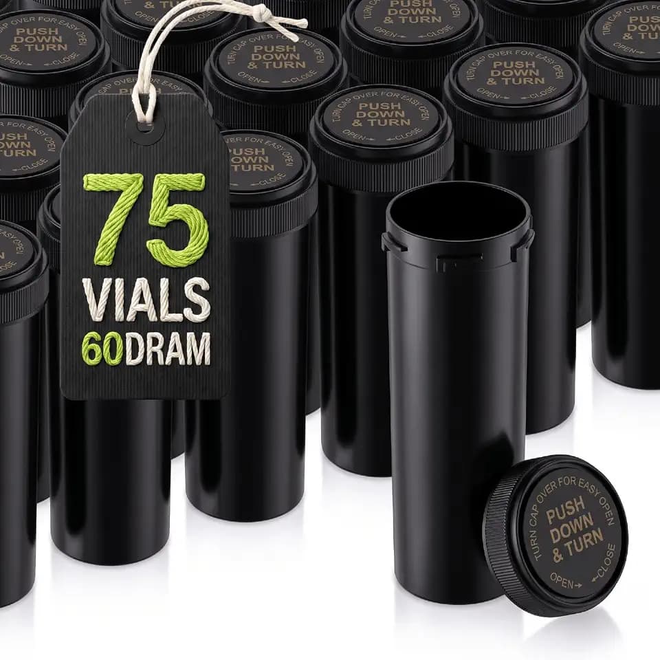 W Gallery 60 Dram Pill Bottles, Reversible Cap, 75 Pack, Black