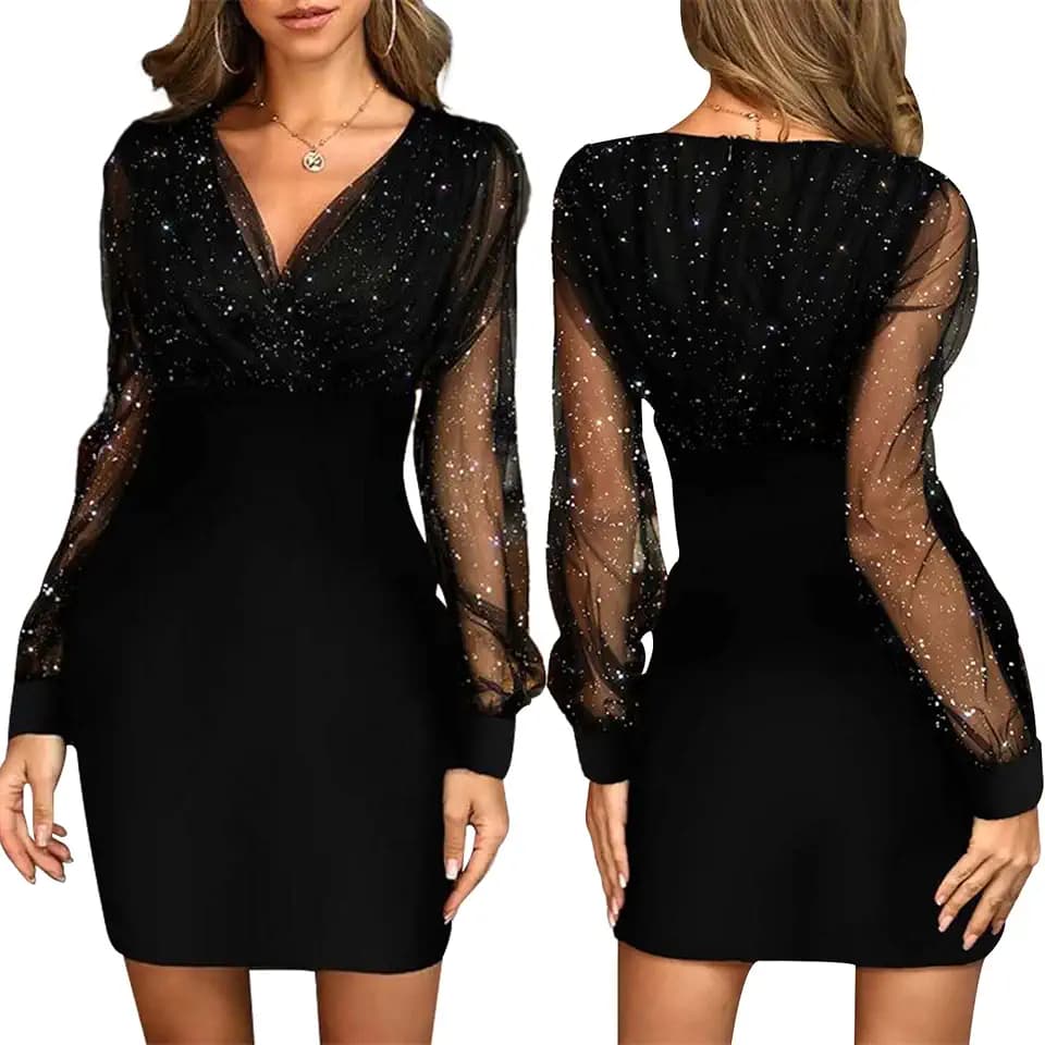 Frauen Kleider Pailletten V-Ausschnitt Mesh Lange Ärmel Sexy Schlankes Kleid Retro Festliche Minikleid Sexy Silvester Kleid Bodycon Party Cocktailkleid