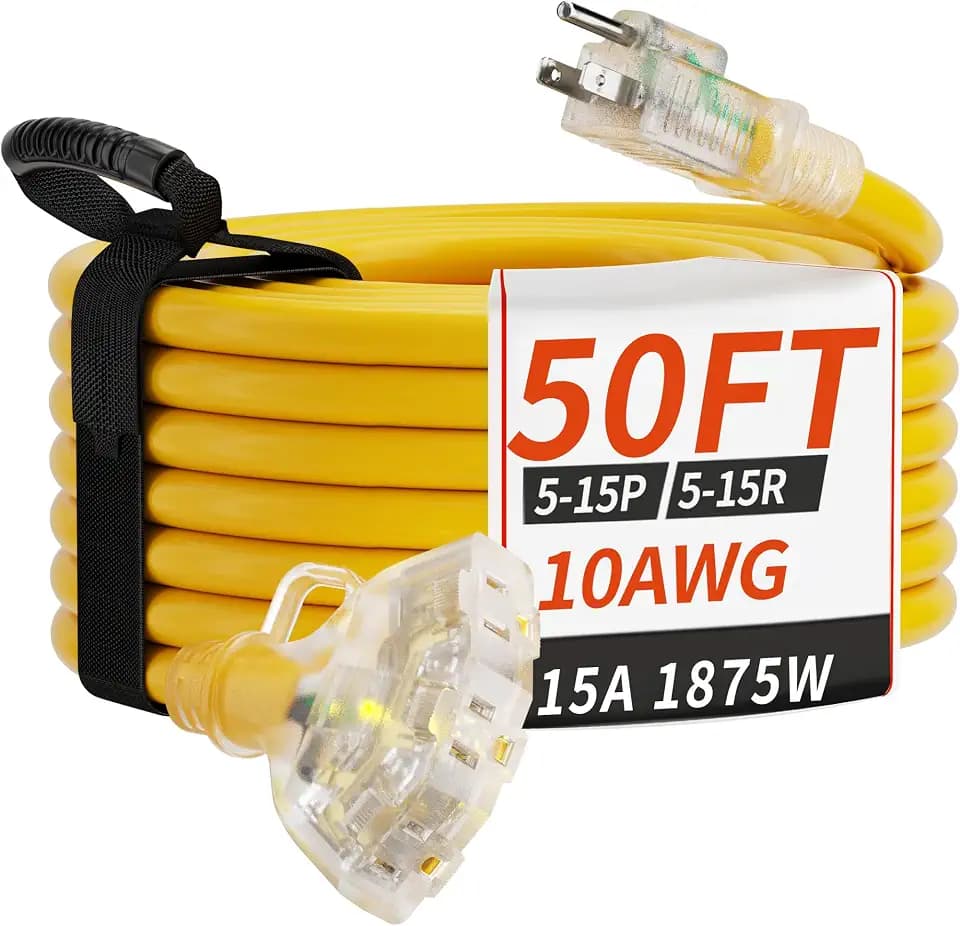 PlugSaf 50 FT 10 Gauge Outdoor Extension Cord with Multiple Outlets Yellow