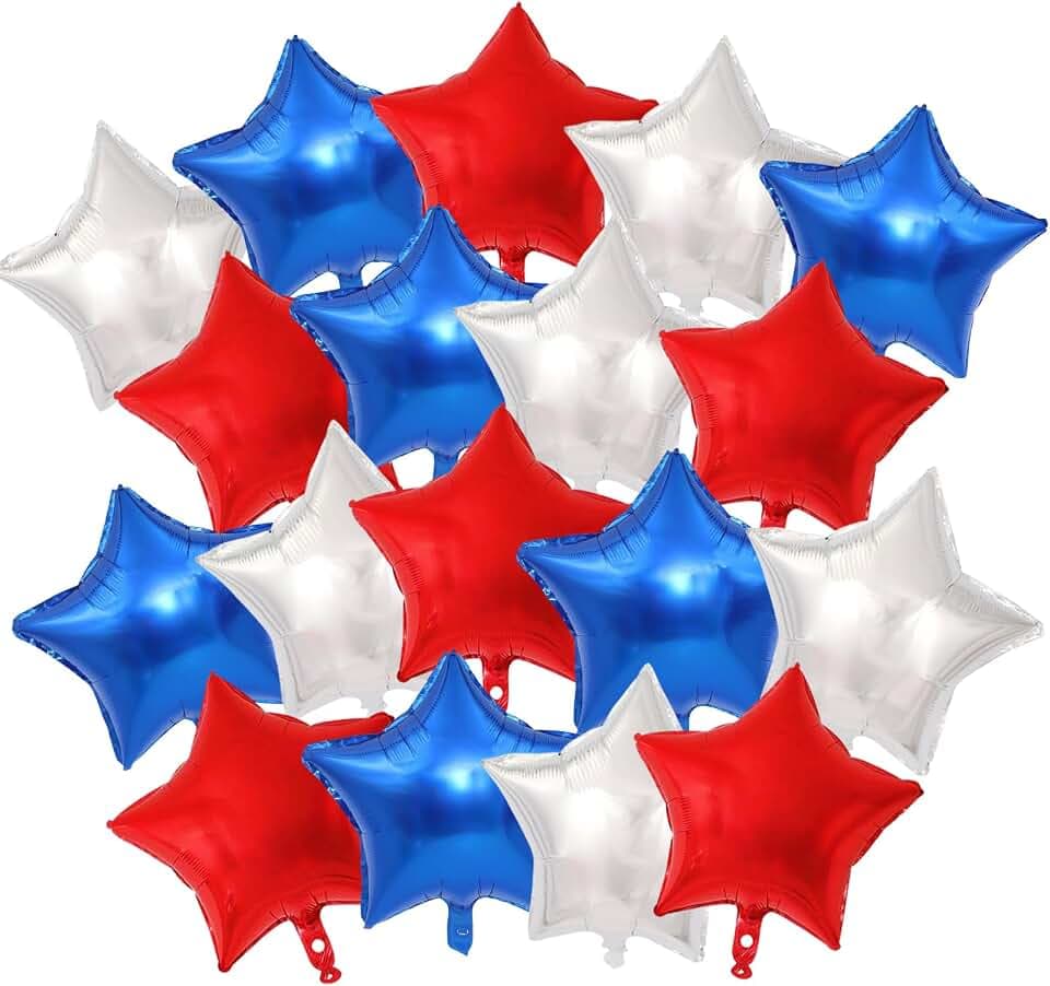 18 Pack 18 Inch Red White Blue Star Balloons, Metallic Foil Star-Shaped Helium Balloons for 4th of July, Memorial Day, Patriotic Party Decorations, and USA Independence Day Parade Decor