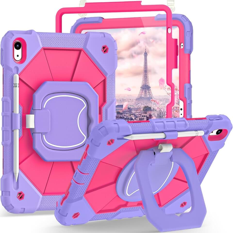 Auizotl Case for iPad (A16) 11th Gen 11 Inch (2025) /iPad 10th Gen 10.9 Inch (2022) with Screen Protector/Rotating Stand/Pencil Holder,Military Grade Shockproof i Pad Case 10th Generation,Purple Pink