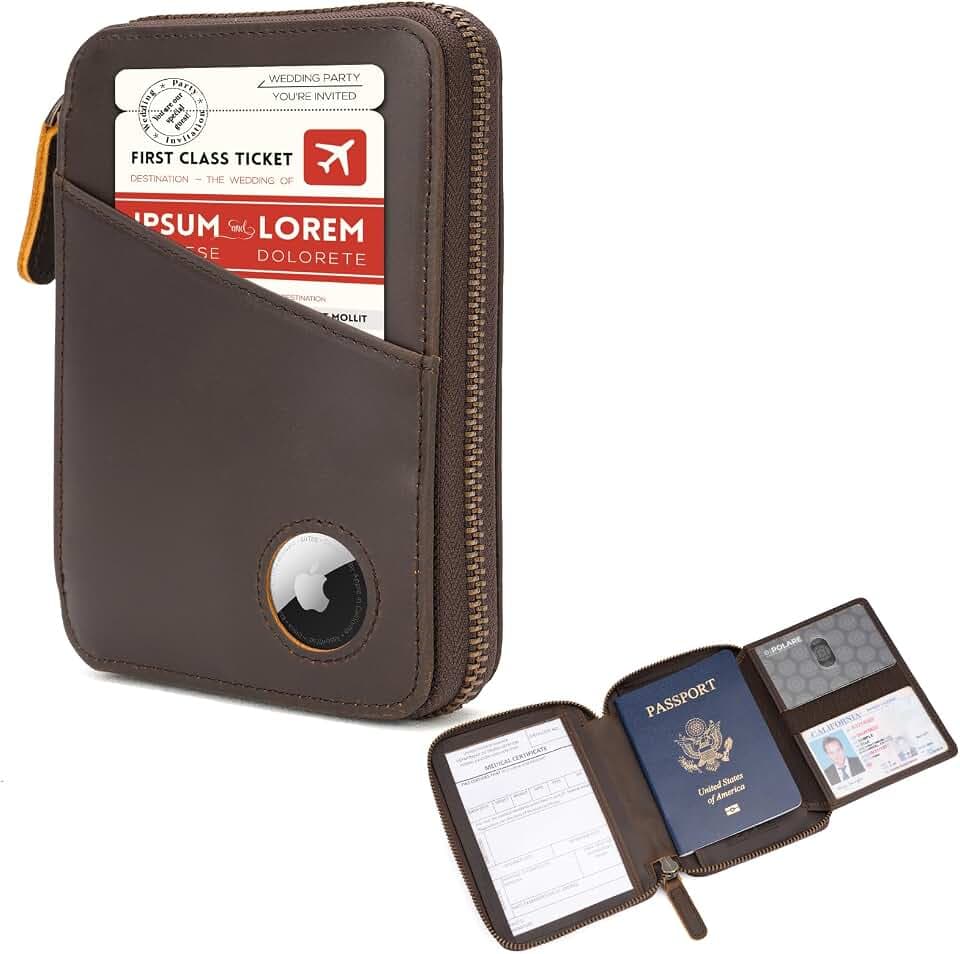 Polare Leather Pilot Wallet Passport Holder RFID Blocking Tri-fold Travel Cover Document Organizer for Aviation Professionals (Dark Brown(YKK Zipper with AirTag Slot))