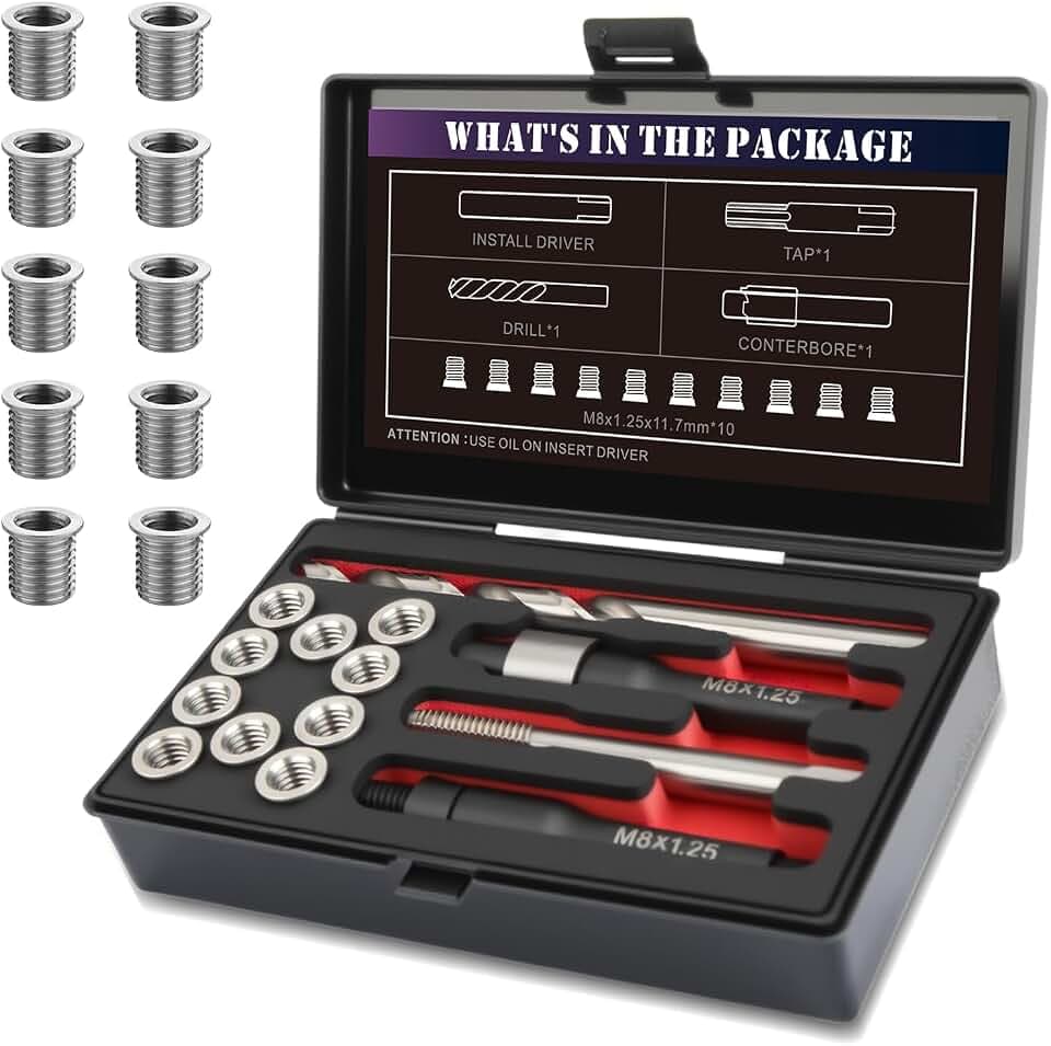 M8x1.25 Thread Repair Kit with 11.7mm Insert, HSS Drill, Tap, Counterbore, Installation Driver, Solid Stainless Steel Insert M8x1.25x11.7mmx10pcs