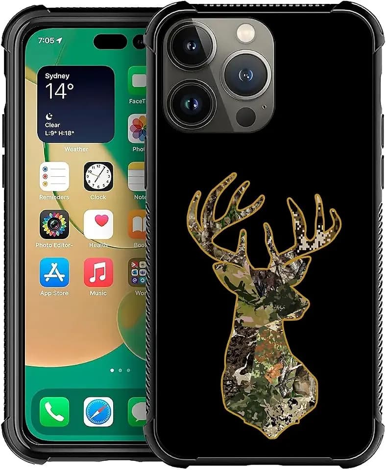 for iPhone 14 Pro Case, Shockproof Protective Slim Pattern Cover Whitetail Deer Camo