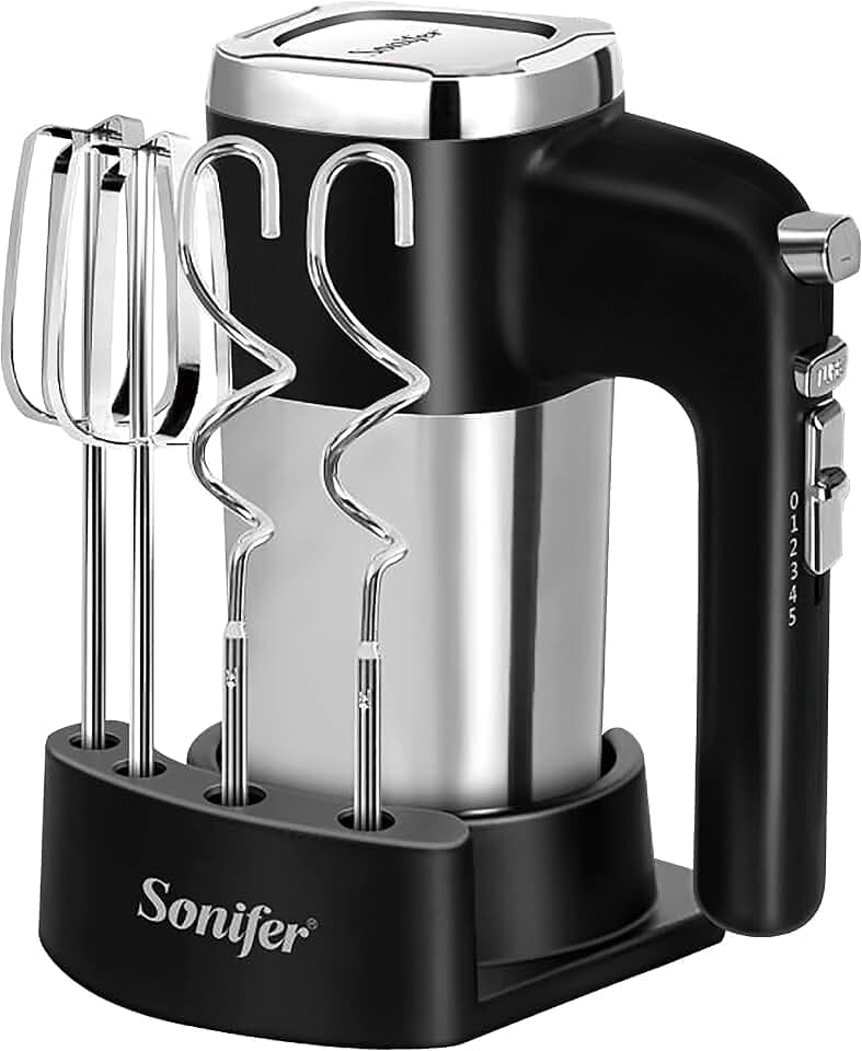 Sonifer Handmixer Edelstahl 500W Elektrischer Mixer Handrührer, 5 Stufen plus Turbostufe, Auswurftastendesign, spülmaschinengeeignet, 2 Knethaken, 2 Schneebesen, 1 Sockel