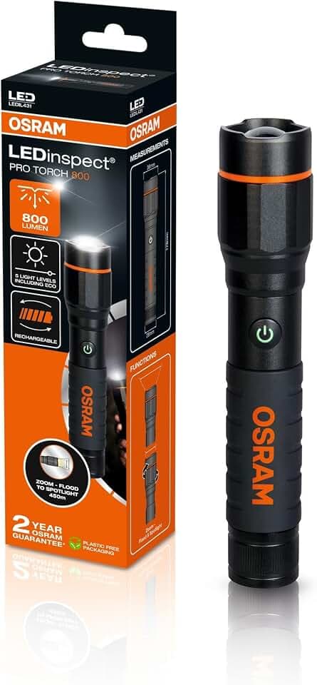 OSRAM LEDinspect PRO TORCH 800, wiederaufladbare LED-Inspektionsleuchte, Zoomfunktion, 800 lm Helligkeit, 6000 K, 5 Leuchtmodi