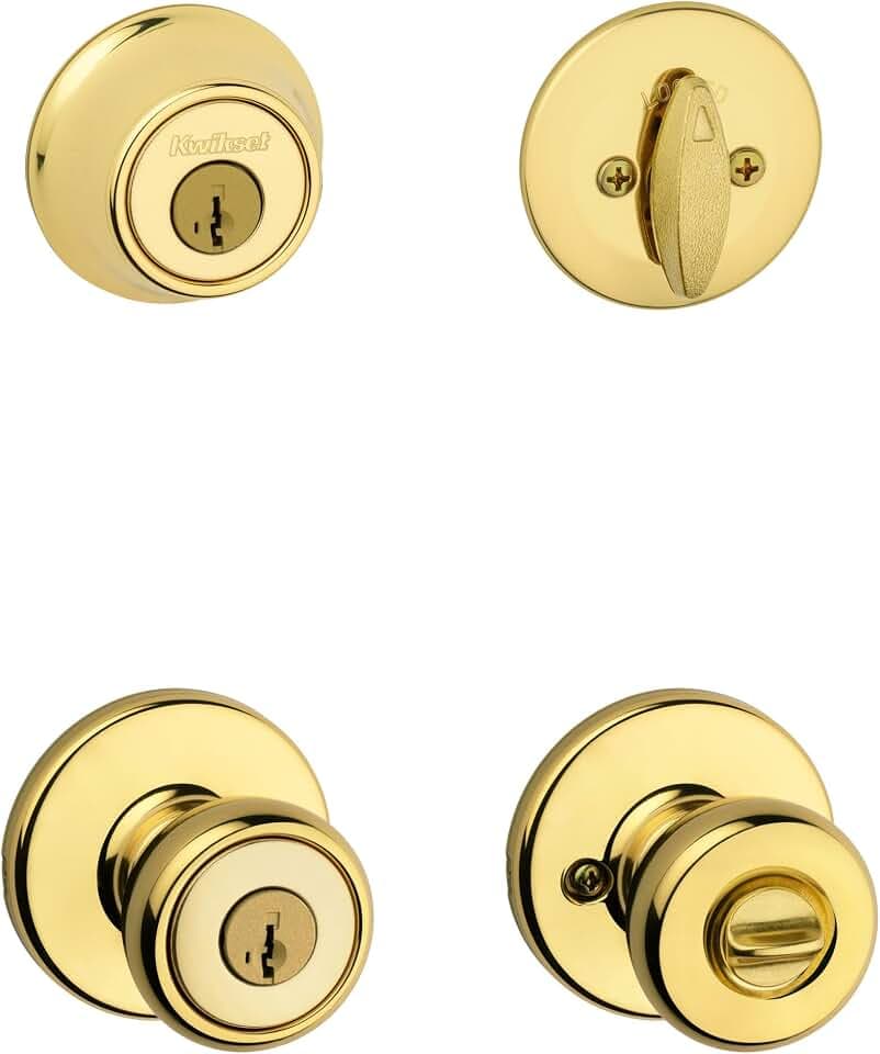 Kwikset 690 Tylo Einstiegsknopf und Einzylinder-Riegel-Kombi-Pack mit SmartKey® aus poliertem Messing