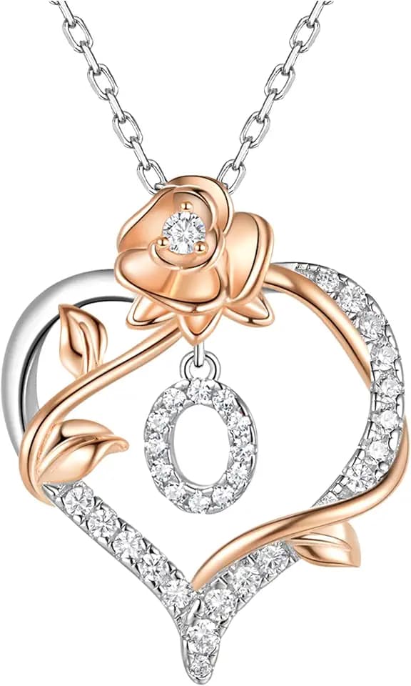 Rose Heart Letter Initial Necklace for Women, S925 Sterling Silver Pendant Necklace Adjustable Dainty Rose Flower Jewelry Gift for Her