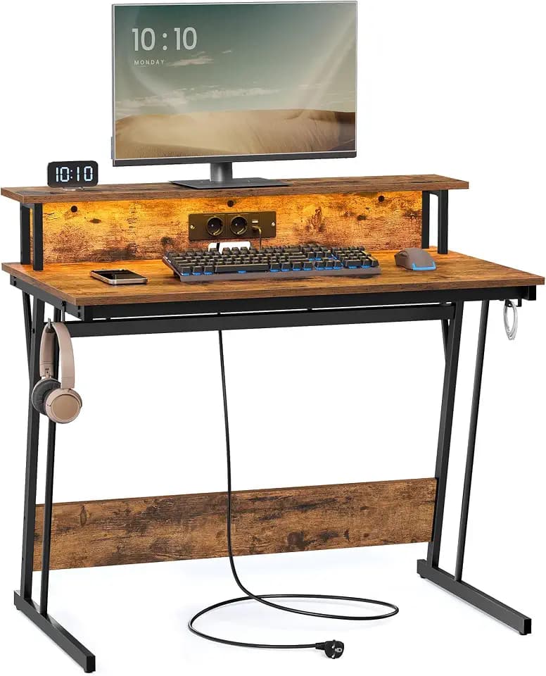 VASAGLE Schreibtisch, Gaming Tisch mit eingebauter Steckdosenleiste, Computertisch, mit Monitorständer für 2 Monitore, Schlafzimmer, 60 x 100 x 76 cm, vintagebraun LWD191K01