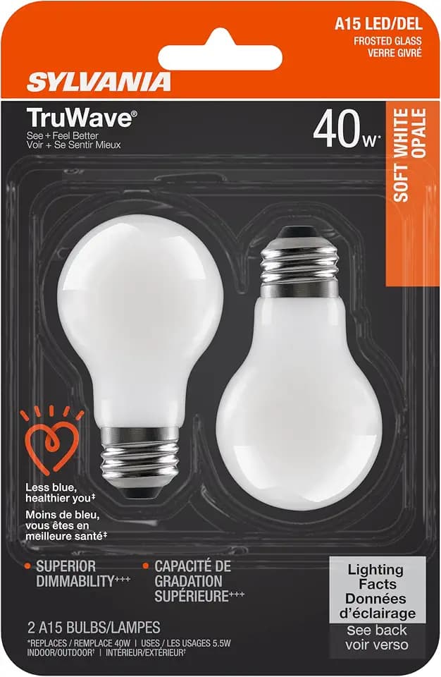 Sylvania LED TruWave Natural Series Ceiling Fan / Fixture Light Bulb, 40W A15 Soft White Medium Base, Dimmable, Frosted - 2 Pack