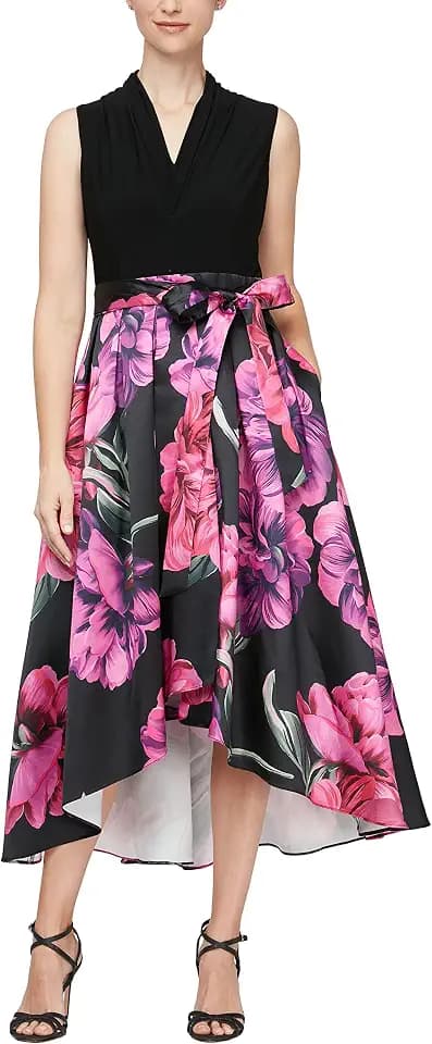 S.L. Fashions Women's Floral High-Low Gown with Pockets and Stretch Bodice, Wedding Guest Dress (Petite and Regular Sizes)