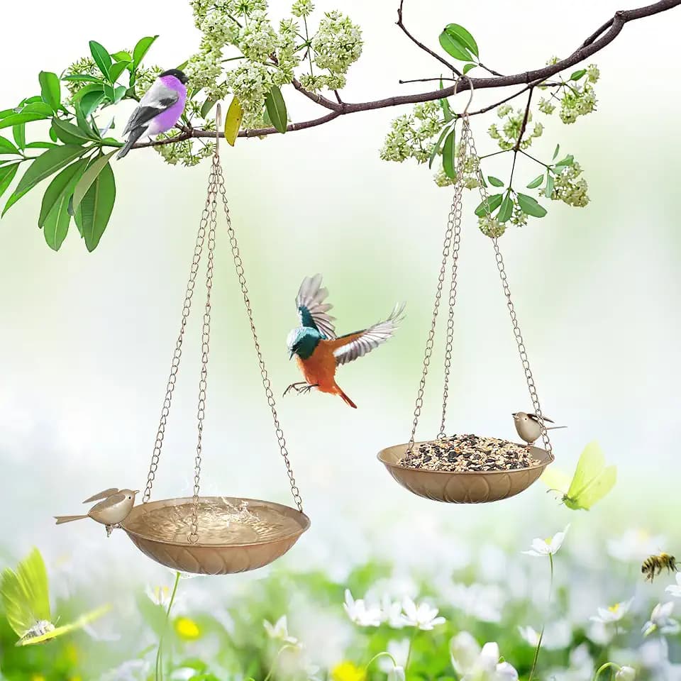2 Pack Hanging Bird Bath Feeder for Outside, Metal Birdbaths & Birdfeeder