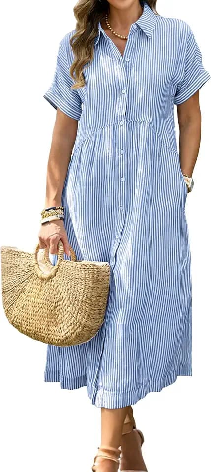 Bluetime Womens Summer Striped Midi Shirt Dresses Short Sleeve Button Down Casual Loose Side Slit Vacation Beach Sundress