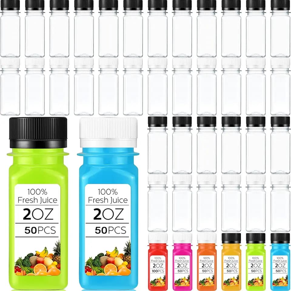 Roshtia 100Pcs 2oz Small Clear Plastic Juice Bottles with Lid, Black White