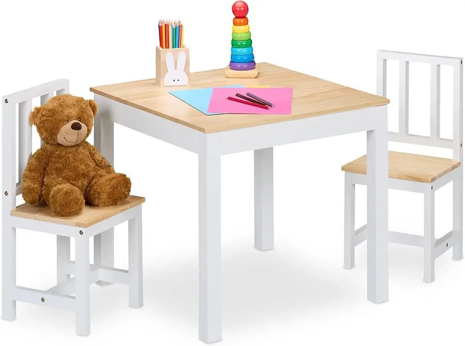 Relaxdays Kindersitzgruppe, 3-TLG., Kindertisch mit 2 Stühlen, Mädchen & Jungen, Sitzecke fürs Kinderzimmer, weiß/Natur