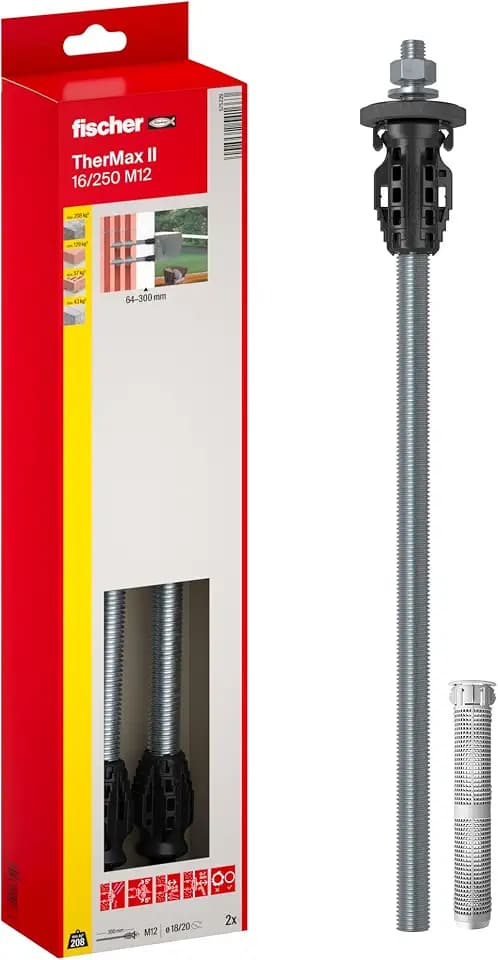 fischer Abstandsmontagesystem TherMax II 16/250 M12 für WDVS, zur Befestigung hoher Lasten in Wärmedämmverbundsystemen, schlagregendicht, mit Anti-Kälte-Konus, 2 Stück