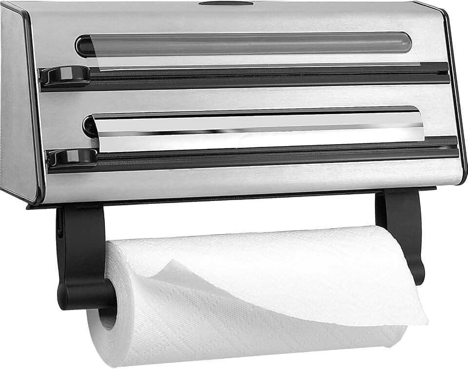 Emsa 504180 Contura 3-fach-Schneidabroller, Küchenrolle, Alufolie, Frischhaltefolie, kompakt, Edelstahl, silber/schwarz, 1 - Pack